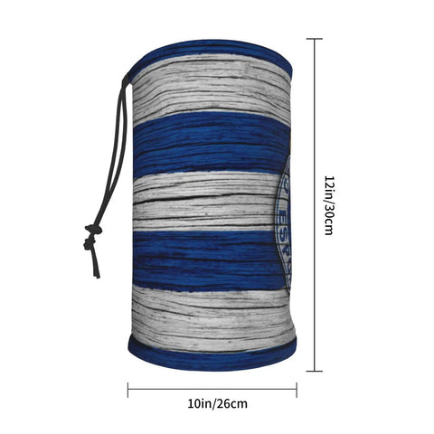 Blue and white striped unisex microfiber neck warmer face mask for cold weather outdoors, bandana style gaiter for riding.