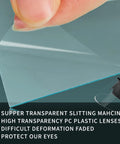 Close-up of 20 Pack 4.5 By 5.25 Inch Clear Welding Lenses, 0.04 Inch Thick with hand holding transparent lens showing clarity and protection features.