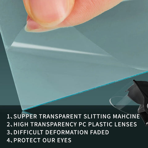 Close-up of 20 Pack 4.5 By 5.25 Inch Clear Welding Lenses, 0.04 Inch Thick with hand holding transparent lens showing clarity and protection features.