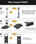 Comparison of FOHO vacuum stand for Dyson V-series showing metal structure, base with wheels, and hole-free design.