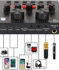 Live audio interface from Pro Podcast Gear Bundle with BM800 Microphone Kit and multiple input ports for broadcasting.