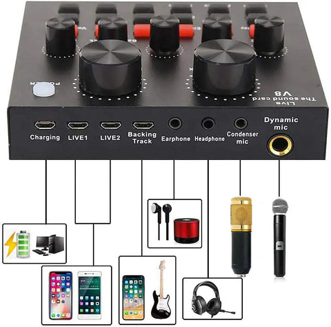 Live audio interface from Pro Podcast Gear Bundle with BM800 Microphone Kit and multiple input ports for broadcasting.