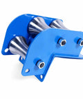 Beefed Up Workhorse Cable Pulley Guide Wheel Assembly For Tough Industrial Routing, Three Wheel Roller System With Carbon Steel Construction, 160mm And 100mm Wellhead Steel Wheels, Line Guide Tool, blue three-wheel frame