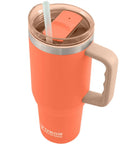 Rock Solid 40 Oz Stainless Steel Vacuum Insulated Tumbler with Copper Plate Technology in coral color with straw.