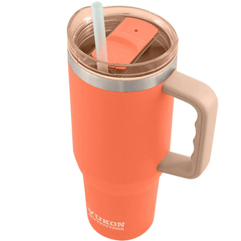 Rock Solid 40 Oz Stainless Steel Vacuum Insulated Tumbler with Copper Plate Technology in coral color with straw.