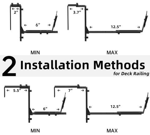 Two installation methods for Adjustable Window Box Planter Brackets Heavy Duty Railing Mount For Balcony Deck Fence And Garden Universal Fit Top Two To Seven Inches Bottom Five Point Nine To Twelve Point Five Inches Enhanced Bottom Support Black Four Pack.
