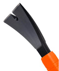 Close-up of 10-Inch Molding Bar With Integrated Nail Dimpler, Heavy-Duty Carbon Steel Pry Bar With Shock Absorbing Grip, tip view