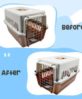Heavy Duty Pet Carrier Door Hardware Replacement Set Featuring 24 M6 Stainless Steel Screws And 24 Twist Lock Wing Nuts For Dog Kennel Cages shown on before and after kennel upgrade.
