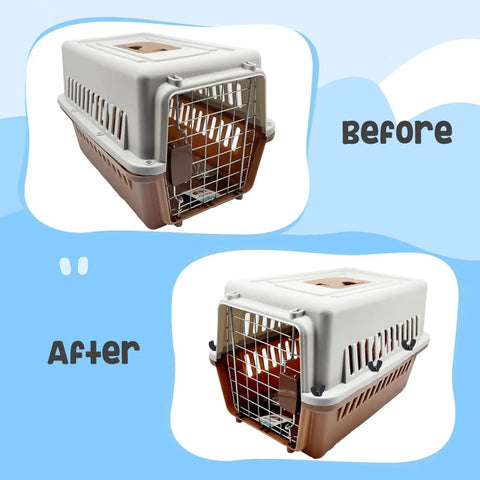Heavy Duty Pet Carrier Door Hardware Replacement Set Featuring 24 M6 Stainless Steel Screws And 24 Twist Lock Wing Nuts For Dog Kennel Cages shown on before and after kennel upgrade.