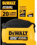 DeWalt Atomic tape measure with orange grip, showcasing 25-foot length and pro-grade accuracy on job sites package.