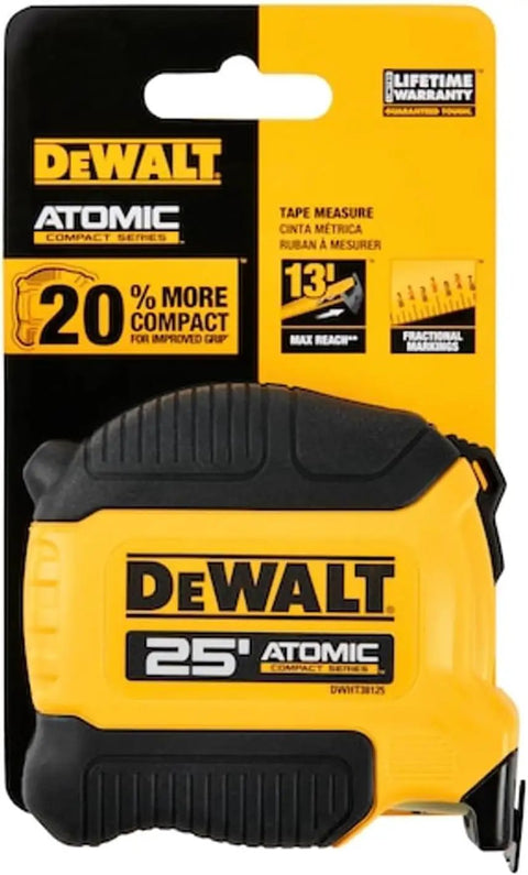 DeWalt Atomic tape measure with orange grip, showcasing 25-foot length and pro-grade accuracy on job sites package.
