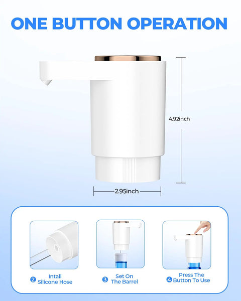 Portable Electric Water Dispenser Pump For 5 Gallon Bottles With USB Charging No Hassle Automatic Switch Rechargeable 1200mAh Battery Safe Hygienic ABS Construction Great For Home Kitchen Office Or Camping showing side view with dimensions and button operation.