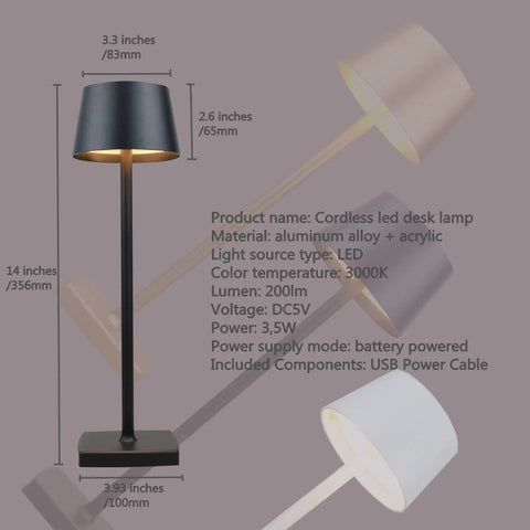 Must Have Rechargeable LED Desk Lamp Cordless With Touch Dimming 360 Degree Lighting Lightweight Aluminum Gold Finish Outdoor Ready Table Light For Indoor And Outdoor Use with dimensions and specs shown