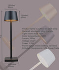 Rechargeable Cordless LED Desk Lamp with Lightweight Aluminum Body, Dimmable Brightness, 360 Degree Lighting, dimensions shown
