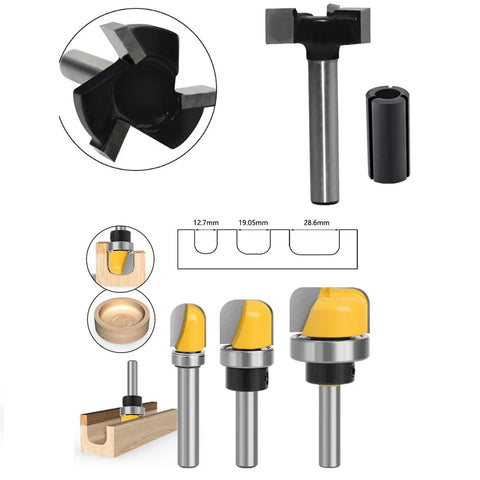 Slab Flattening Router Bit Set With Ball Bearing Dish For Bowls And Trays, Carving Router Bits displayed with dimensions and close-up view.
