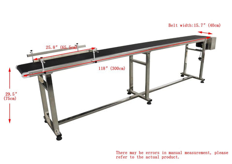 Industrial Drive Conveyor Belt With Adjustable Speed, Flat Black PVC Belt 15.7 By 118 Inches, Stainless Steel Frame side view