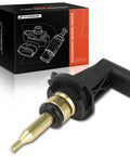 Close-up of A-Premium automotive temperature sensor with brass probe and black plastic housing.