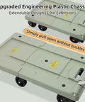 Adjustable Aluminum Folding Dolly With Six Wheels Heavy Duty Portable Hand Truck For Moving Boxes Groceries Luggage And More Includes Elastic Straps For Easy Transport And Rock Solid Stability, green extended plastic chassis