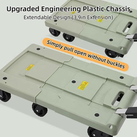 Adjustable Aluminum Folding Dolly With Six Wheels Heavy Duty Portable Hand Truck For Moving Boxes Groceries Luggage And More Includes Elastic Straps For Easy Transport And Rock Solid Stability, green extended plastic chassis