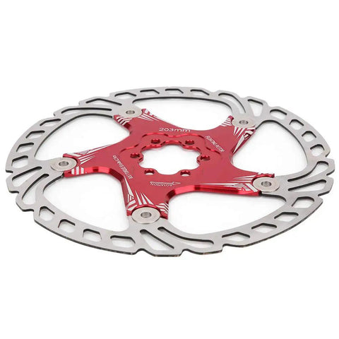 Top Tier 203mm Five Nail Disc Brake Rotor For Hydraulic And Mechanical Calipers Lightweight Trail Weapon With Killer Grip And Boss Quality In Rad Red Build side view showing stainless steel and aluminum construction.