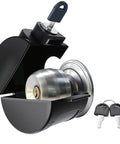 Straight Up Secure Child Proof Door Knob Lock Cover in black with key system, shown preventing knob turning, ideal for home rentals.