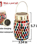Outdoor Mosaic Lanterns Solar Powered Hanging Lights, Rechargeable Mason Jar Style Night Lights with Warm White Glow shown with dimensions.