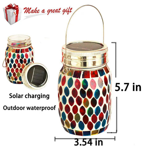 Outdoor Mosaic Lanterns Solar Powered Hanging Lights, Rechargeable Mason Jar Style Night Lights with Warm White Glow shown with dimensions.