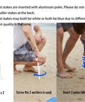 Demonstration of securing Beach Wind Powered Shade Canopy with UPF 50 Plus UV Protection using sand anchors on beach.