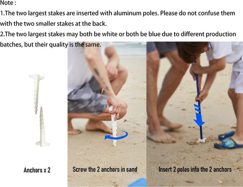Demonstration of securing Beach Wind Powered Shade Canopy with UPF 50 Plus UV Protection using sand anchors on beach.