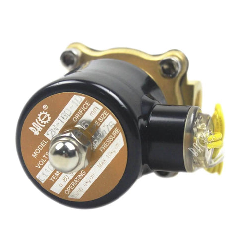 Close-up of Brass Heavy Duty Electric Solenoid Valve Three Eighths Inch NPT 110V AC Normally Closed, showing durable brass body.