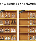 Comparison of shoe rack before and after using Shoe Slot Organizer 20 Pack For Closet Space Saving Stackers With 4 Level Adjustable Double Layer Holders White Quick Access Shoe Racks For Mess Free Storage.