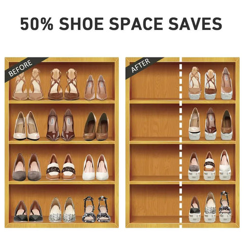 Comparison of shoe rack before and after using Shoe Slot Organizer 20 Pack For Closet Space Saving Stackers With 4 Level Adjustable Double Layer Holders White Quick Access Shoe Racks For Mess Free Storage.