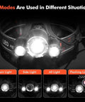 Rechargeable Headlamp 1200 Lumens With Four Modes And Zoomable Beam Beast Mode Bright Waterproof Head Light showing modes