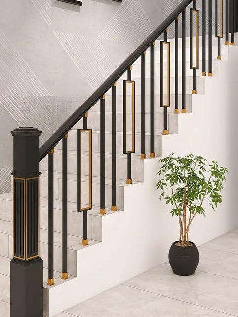 Top Shelf Square Metal Balusters And Staircase Spindles For Deck Railings 37 Inch High with gold accents on staircase.