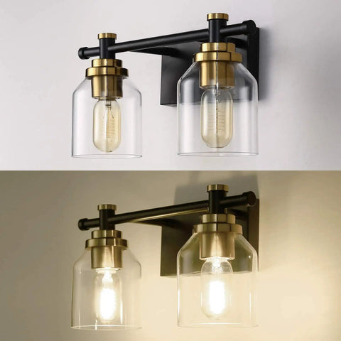 Vintage Two Light Bathroom Wall Sconce In Black Brass With Clear Glass, Easy 15 Minute Hardwired Vanity Light, Modern Black Metal Fixture.