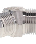 Heavy Duty 316 Stainless Steel 37 Degree Jic To Npt Male Pipe 45 Degree Elbow Badass Hydraulic Fitting side view on white background.