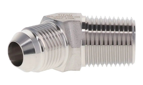 Heavy Duty 316 Stainless Steel 37 Degree Jic To Npt Male Pipe 45 Degree Elbow Badass Hydraulic Fitting side view on white background.