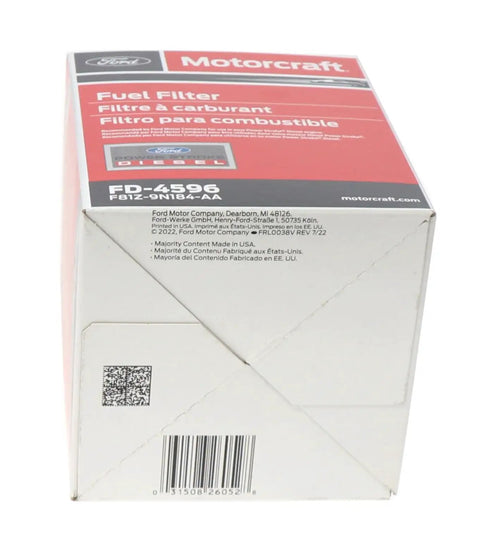 Box of Ford Fuel Filter FD 4596 Direct Fit Replacement for 1999-2003 Ford E-Series and F-Series Super Duty Excursion.