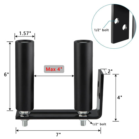 Slide Gate Guide Roller Assembly With Dual Nylon Rollers And L Post Bracket Support For Heavy Duty Gates And Fences Built Tough, UHMW Nylon Wheels On AISI 1045 Steel Bracket With Black Powder Coating For Lasting Durability, dimensions shown