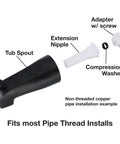 Diagram showing Matte Black Diverter Tub Spout 11079 Replacement with extension nipple, adapter, and compression washer.