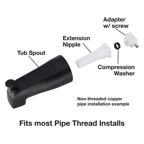 Diagram showing Matte Black Diverter Tub Spout 11079 Replacement with extension nipple, adapter, and compression washer.