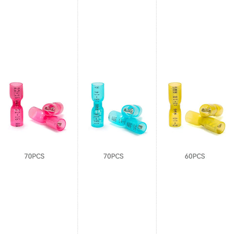 AWG 22-10 Female Spade Connector Kit Pro Grade With Heat Shrink Tubing, 200 pcs shown in pink, blue, yellow, waterproof terminals
