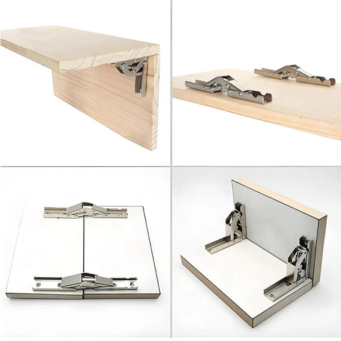 10 Piece 90 Degree Folding Hidden Hinge Brackets For Tables And Cabinets, shown installed on wood surfaces