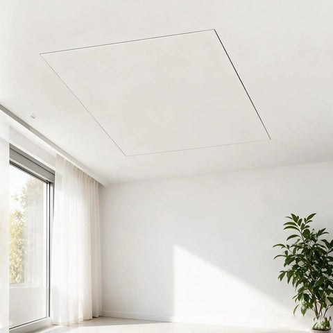 Slick Build Invisible Access Panel For Drywall Ceilings Featuring Rugged Aluminum Frame view in modern white room with sunlight.
