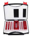 No Bull Precision Height Gauge For Woodworkers in case, red anodized aluminum setup bars and blocks for precise cutting.
