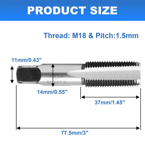 M18 X 1.5 Hand Tap Set For Metalworking Right Hand HSS Threading Tool dimensions showing 77.5mm length and 1.5mm pitch.