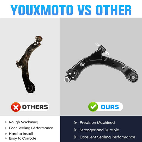 Front lower control arm comparison: left rusty arm labeled Others, right black machined arm labeled Ours.