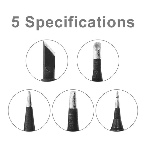5 piece copper soldering iron tips set with various nozzles, featuring durable model I, B, K, and 2.4d, black coated for pros and DIYers.