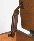 Installed spring lid hinge set for cabinets, boxes, and sofas, left or right mount, down support, red bronze iron finish.