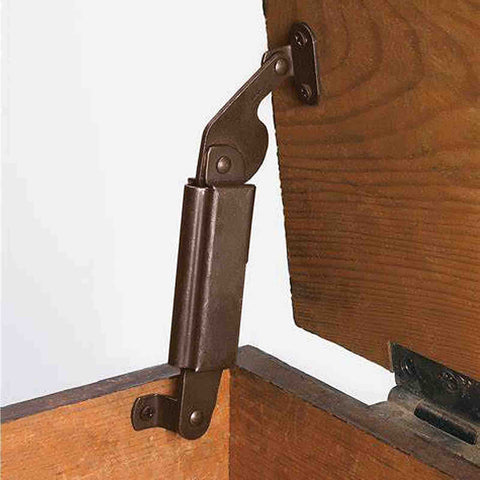 Installed spring lid hinge set for cabinets, boxes, and sofas, left or right mount, down support, red bronze iron finish.